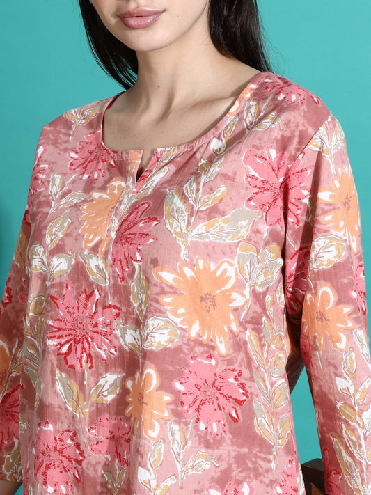 Pink Orange Floral Cotton Pajama Set for Women With Relax in Style