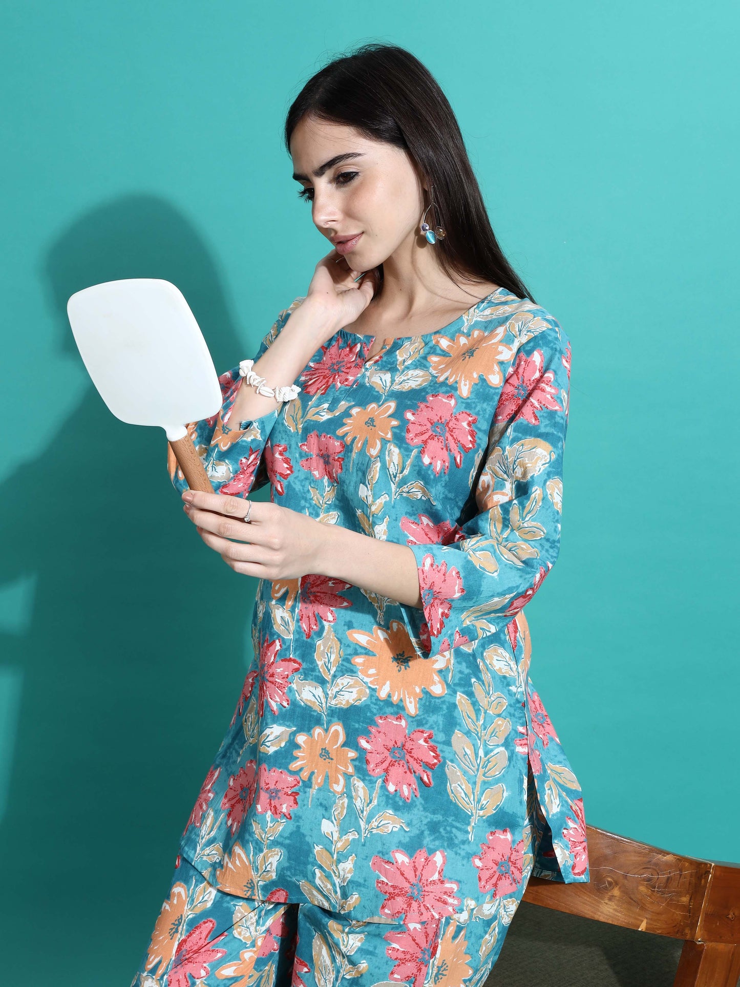 Teal Blue Printed Cotton Pajama Set for Women Cozy Nightwear