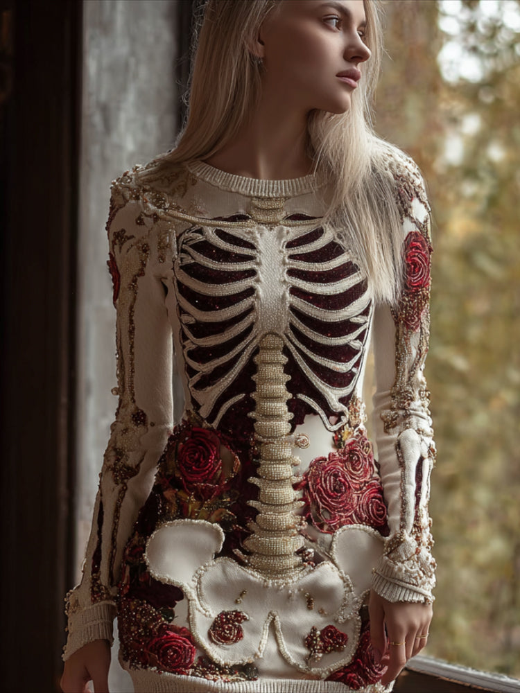 Women's Halloween Skeleton Rose White Mini Skirt