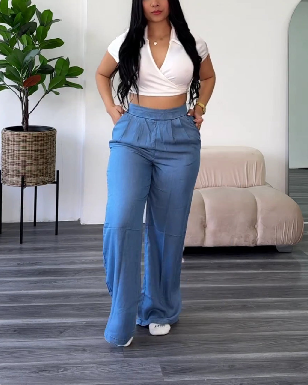 Lightweight Elastic Waist Wide-Leg Denim Palazzo Pants