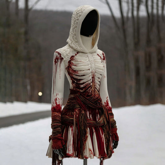 Women's Vintage Skeleton Gradient Art Cozy Sweater Hooded Dress