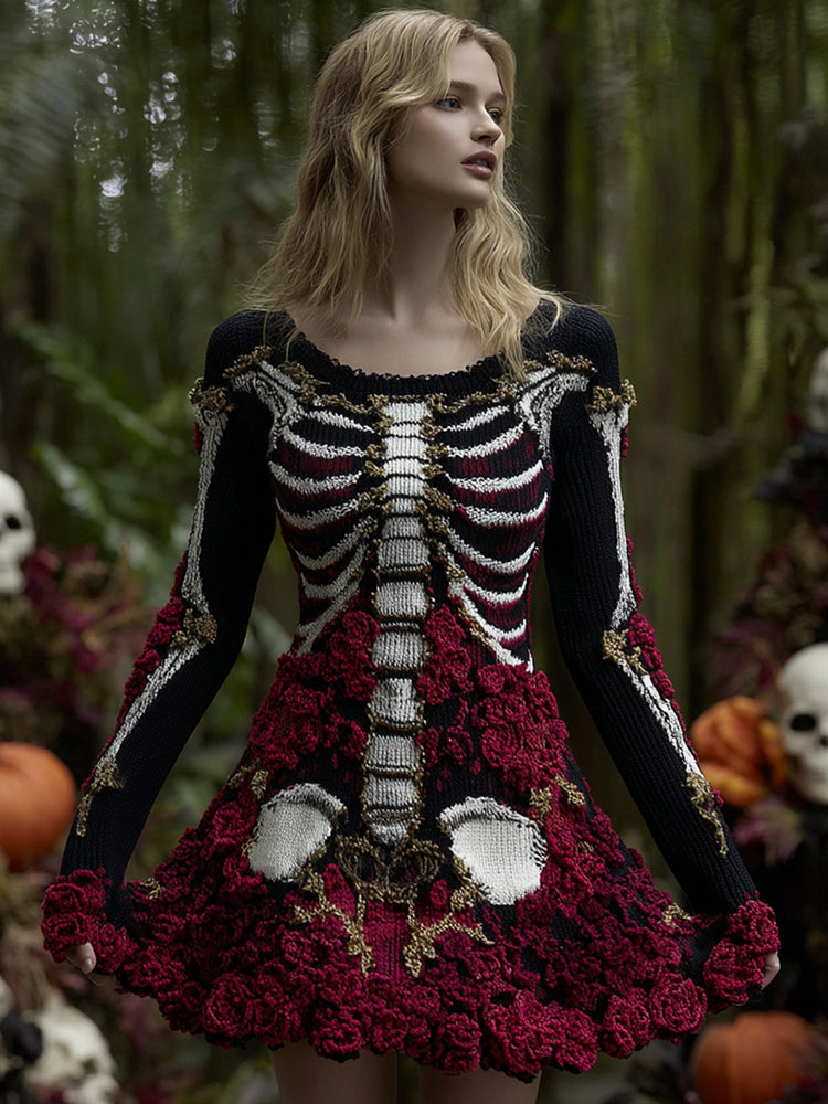 Women's Floral Skull Pattern Knit Mini Sweater Dress