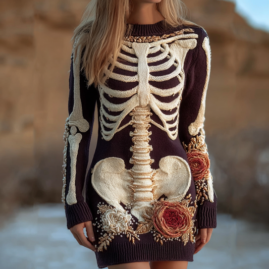 Halloween Human Anatomy Pattern And Flower Pattern Combined Design Women's Round Neck Knit Sweater Dress