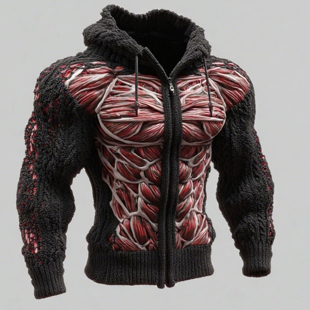 Men's Skull Line Art Knit Zip-up Hooded Sweater