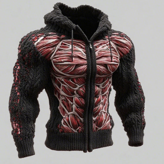 Men's Skull Line Art Knit Zip-up Hooded Sweater