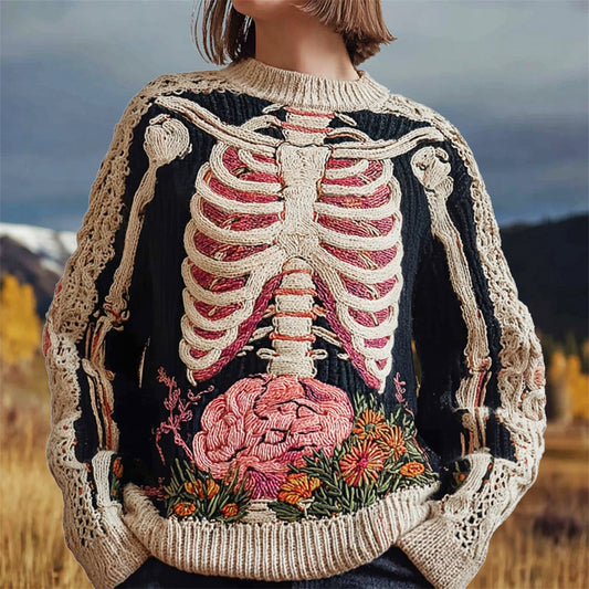 Vintage Human Anatomy Skeleton Embroidery Women's Knit Crew Neck Sweater