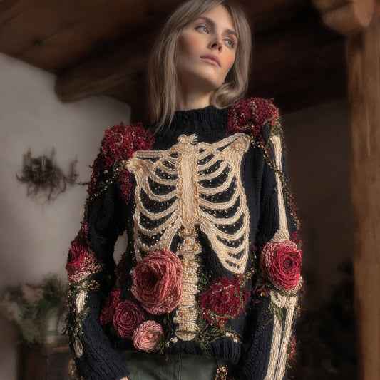 Women Halloween Ancient Human Anatomy And Red Rose Ancient Round Neck Sweater