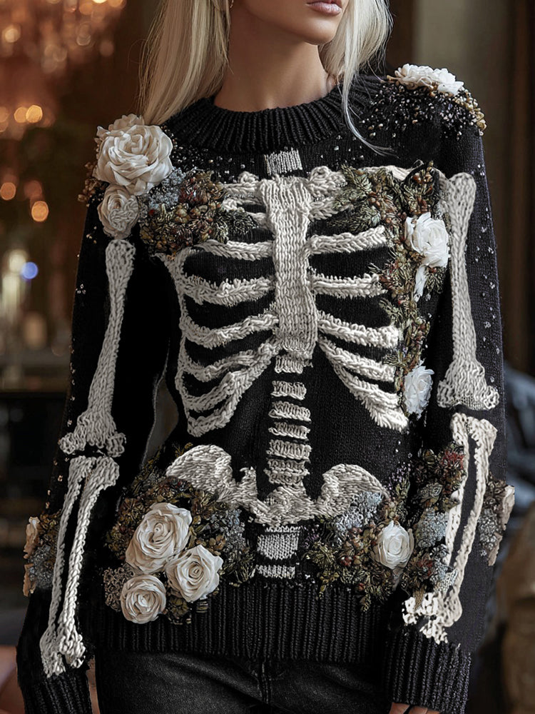 Women's Halloween Rose And Skeleton Anatomy Art Round Neck Cozy Sweater