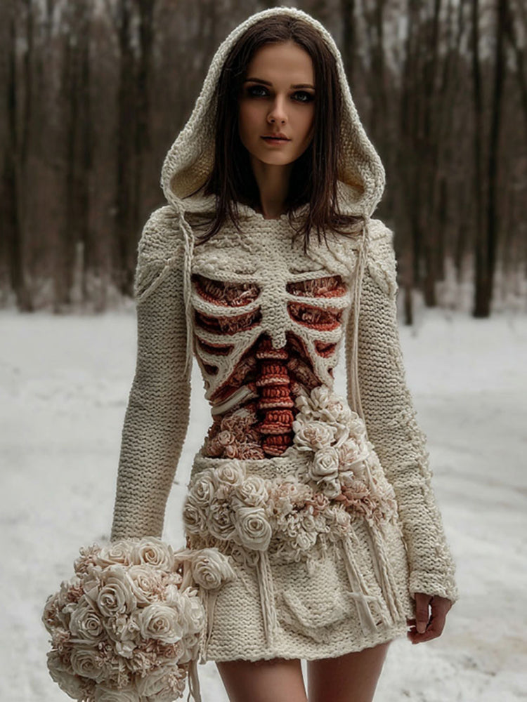 Women's Vintage Halloween Skeleton & White Floral Art Cozy Sweater Hooded Dress