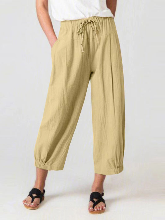 Women's Cotton Linen Drawstring Cropped Pocket Casual Pants