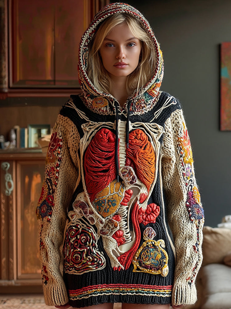 Women's Retro Human Organ Embroidery Art Knit Hooded Sweater