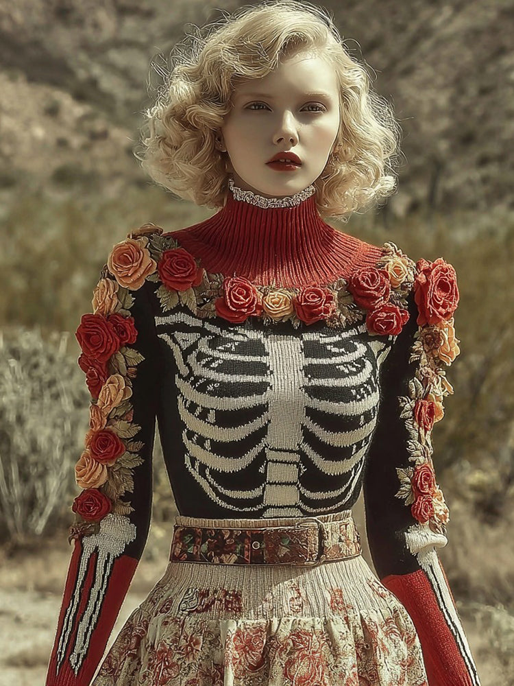 Women's Retro Rose Skull Cozy Jacquard Knitted Turtleneck Sweater