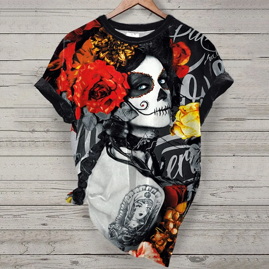 Mexican La Catrina Dia De Los Muertos Art Pattern Print Cotton Graphic T-Shirt