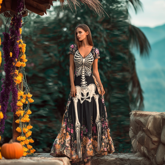 Halloween Plant Flower And Skeleton Bone Pattern Combined Design Women Long Cotton And Linen Dress