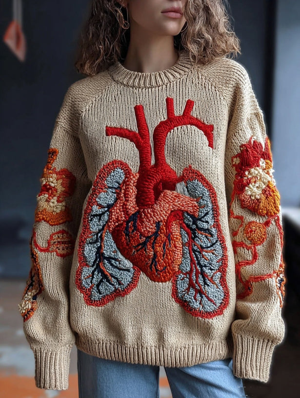 Vintage Halloween Human Heart Art Chunky Knitted Sweater
