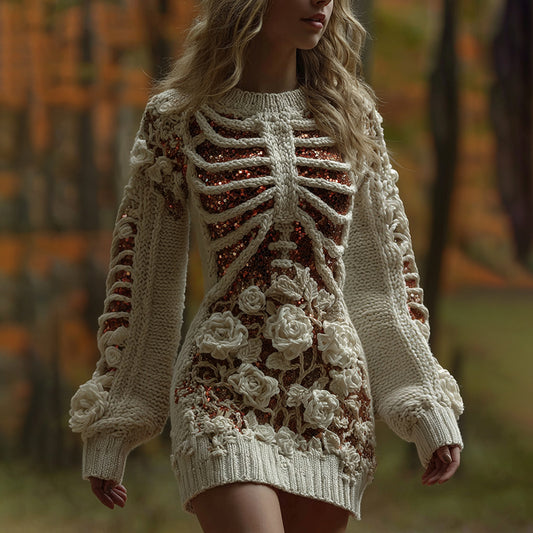 Women's Skeleton Flower Art Knit Mini Sweater Dress