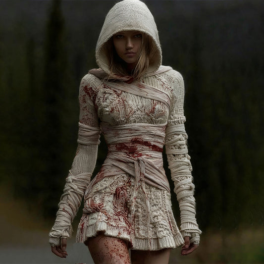 Women's Halloween Bandage Art Knit Hooded Sweater Mini Dress