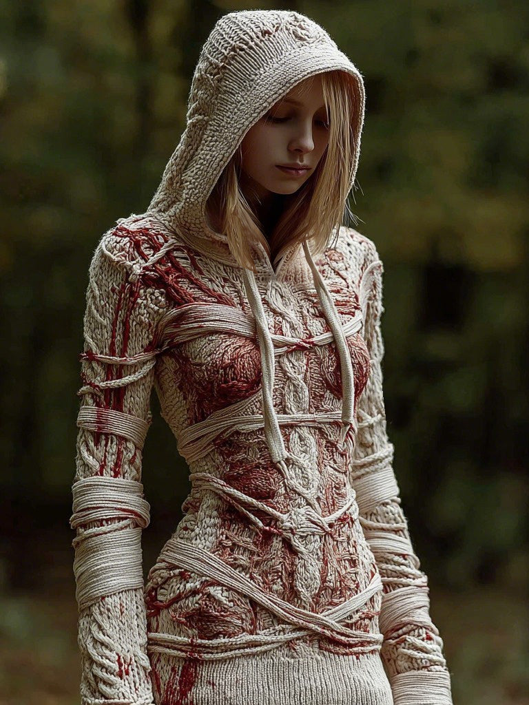 Women's Vintage Halloween Bandage Art Knit Hooded Sweater