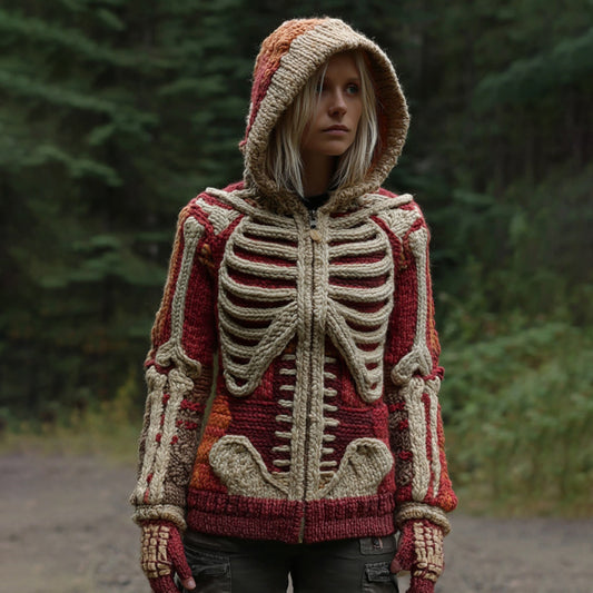 Women's Vintage Halloween Skeleton Art Knit Warm Zip Up Hooded Sweater