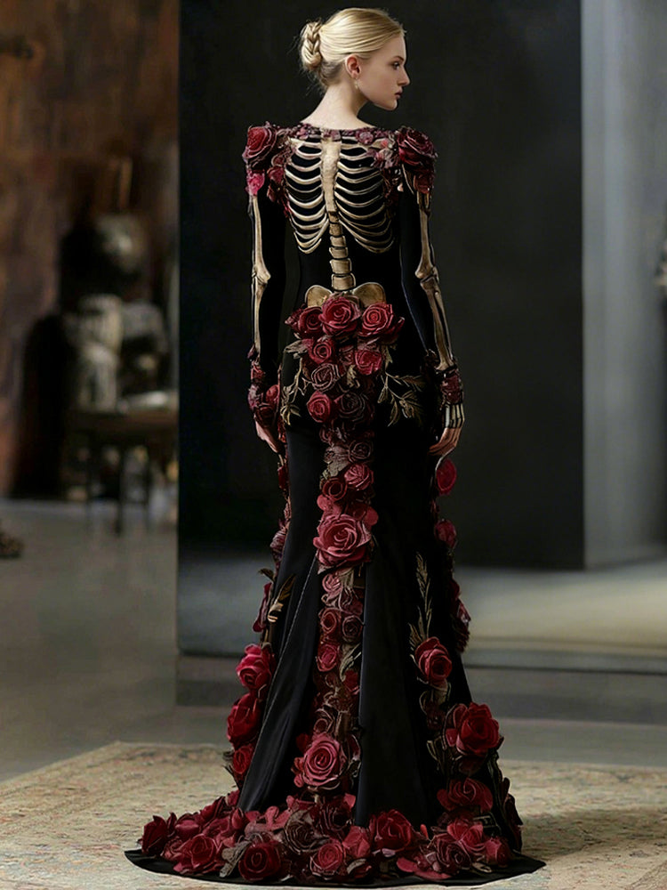 Women's Vintage Skeleton Bones In Red Rose Art Velvet Maxi Dress