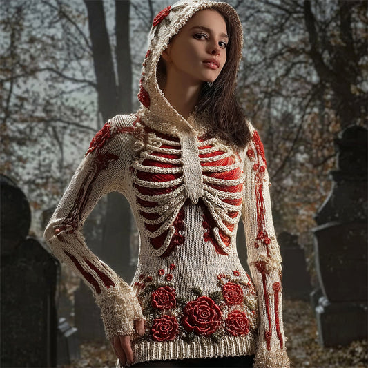 Halloween Skeleton & Floral Art Women's Knit Hoodie