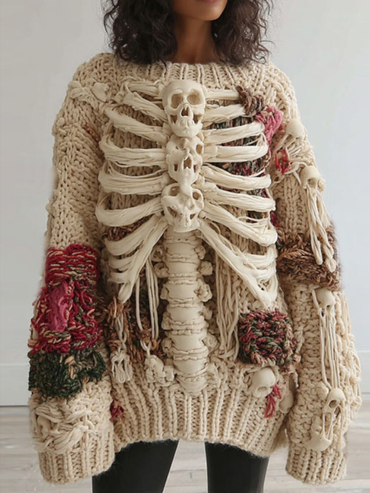 Women's Vintage Skull & Skeleton Art Crew Neck Cozy Sweater