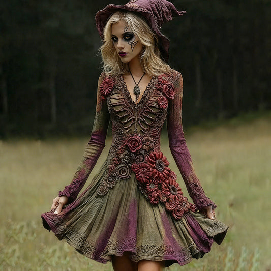 Women's Halloween Skull Floral Embroidered Witch Midi Dress