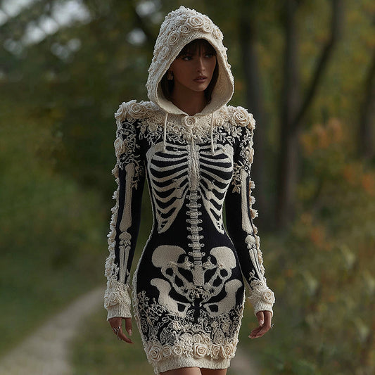 Women's Vintage Halloween Skeleton Bones With Rose Art Cozy Knit Hooded Sweater Dress