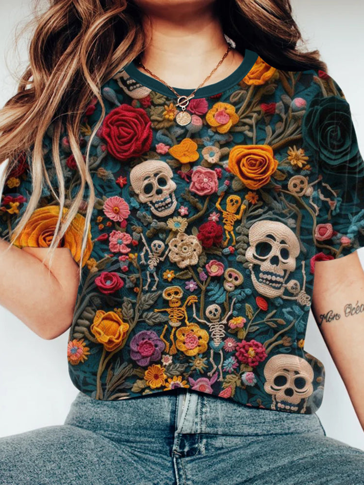 Mexican Skull Flowers Day Of The Dead Cotton Graphic T-Shirt