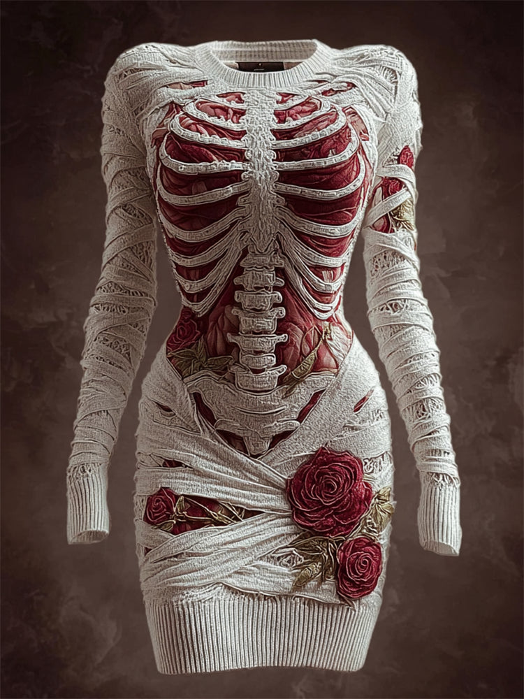 Skeleton Anatomy Roses Bandages Cozy Knit Sweater Dress