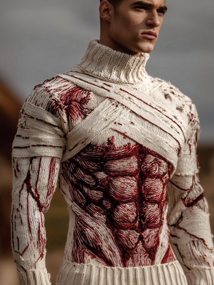 Men's Halloween Bloody Bandage High-collar Knit Sweater