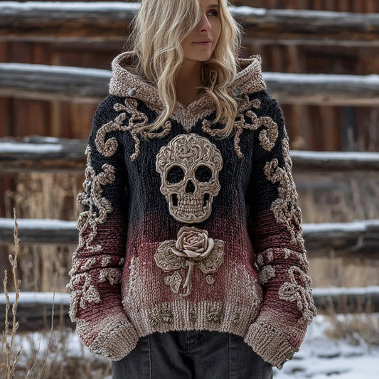 Women's Halloween Skeleton Rose Hooded Sweater
