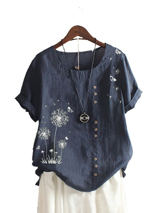 Airrys™ Cotton Linen Print Dandelion Short Sleeve Shirt