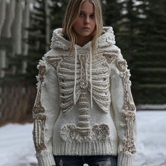 Women's Halloween Skeleton Bones Art Knitted Warm Hooded Sweater