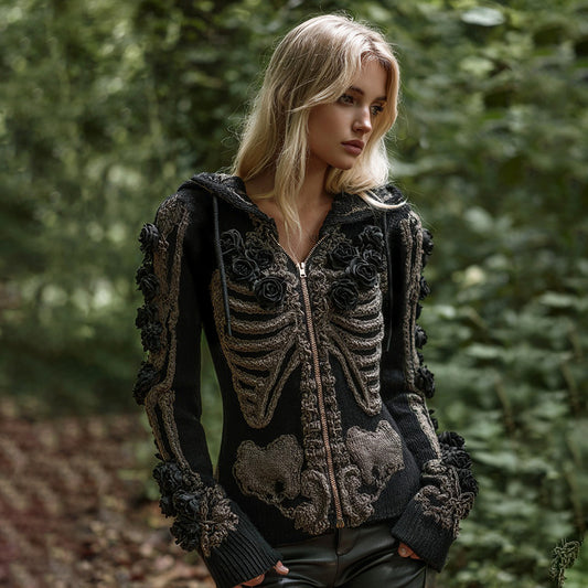 Women's Vintage Skeleton Rose Art Zipper Knit Hooded Sweater
