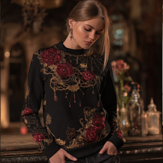 Vintage Halloween Spider Silk And Red Rose Black Round Neck Hoodie