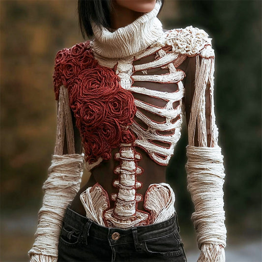 Halloween Skeleton Rose Bandage See-through Art Knit Women's Turtleneck Sweater