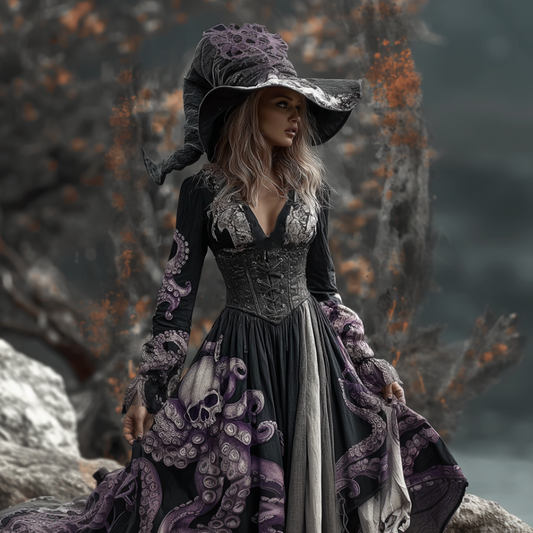 Lady's Halloween Skeleton Octopus Retro Cotton And Linen V-neck Dress