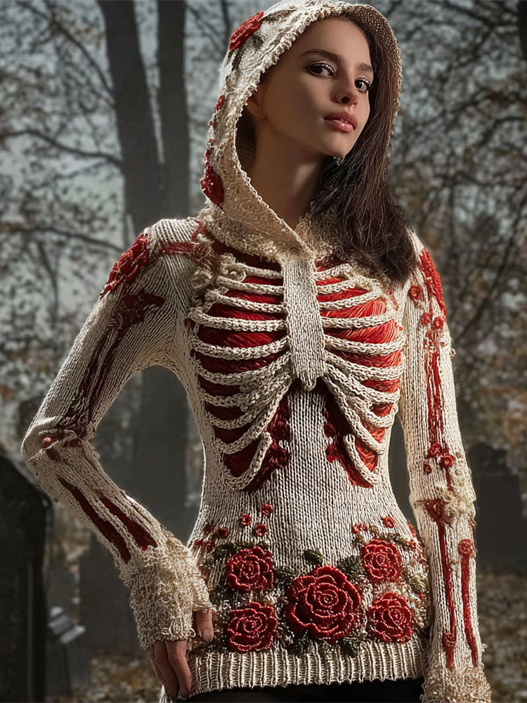Halloween Skeleton & Floral Art Women's Knit Hoodie