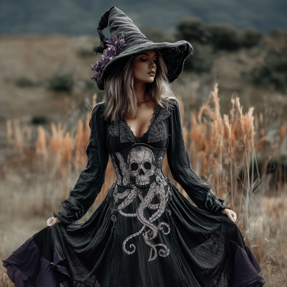 Lady's Halloween Skeleton Octopus Retro Cotton And Linen V-neck Dress