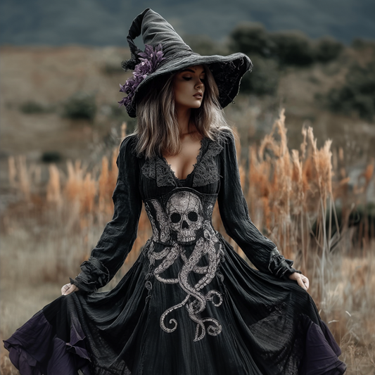 Lady's Halloween Skeleton Octopus Retro Cotton And Linen V-neck Dress