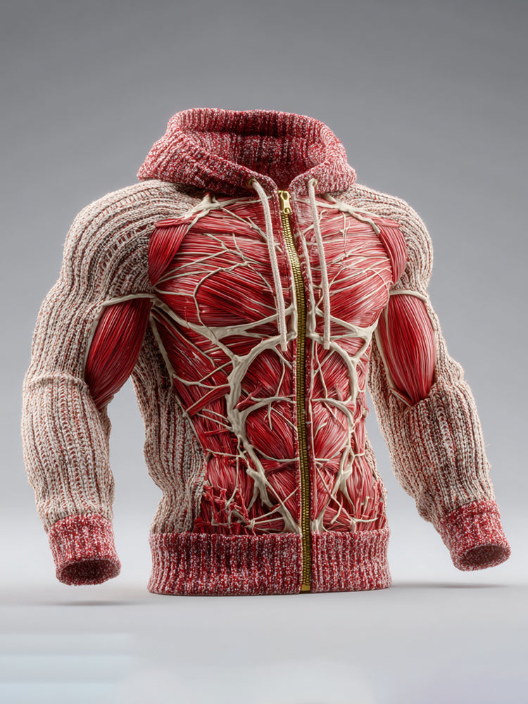 Vintage Muscles Anatomical Art Men's Casual Warm Zip-up Hooded Sweater