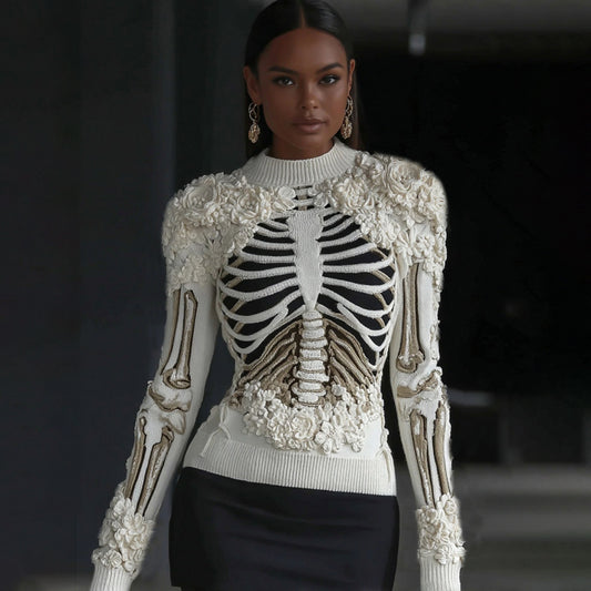 Women's Skull Rib Pattern Cozy Knit Pullover Sweater