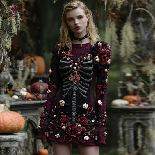 Women's Retro Floral Skull Cozy Knit Mini Sweater Dress