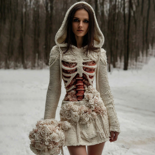 Women's Vintage Halloween Skeleton & White Floral Art Cozy Sweater Hooded Dress