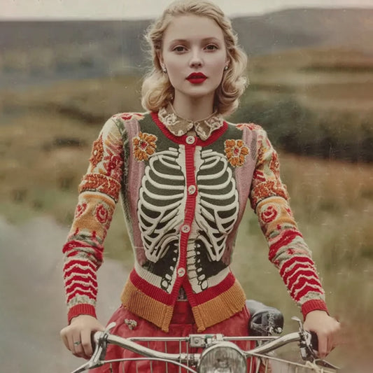 Vintage Halloween Skeleton Bones With Floral Art Chunky Knitted Cardigan