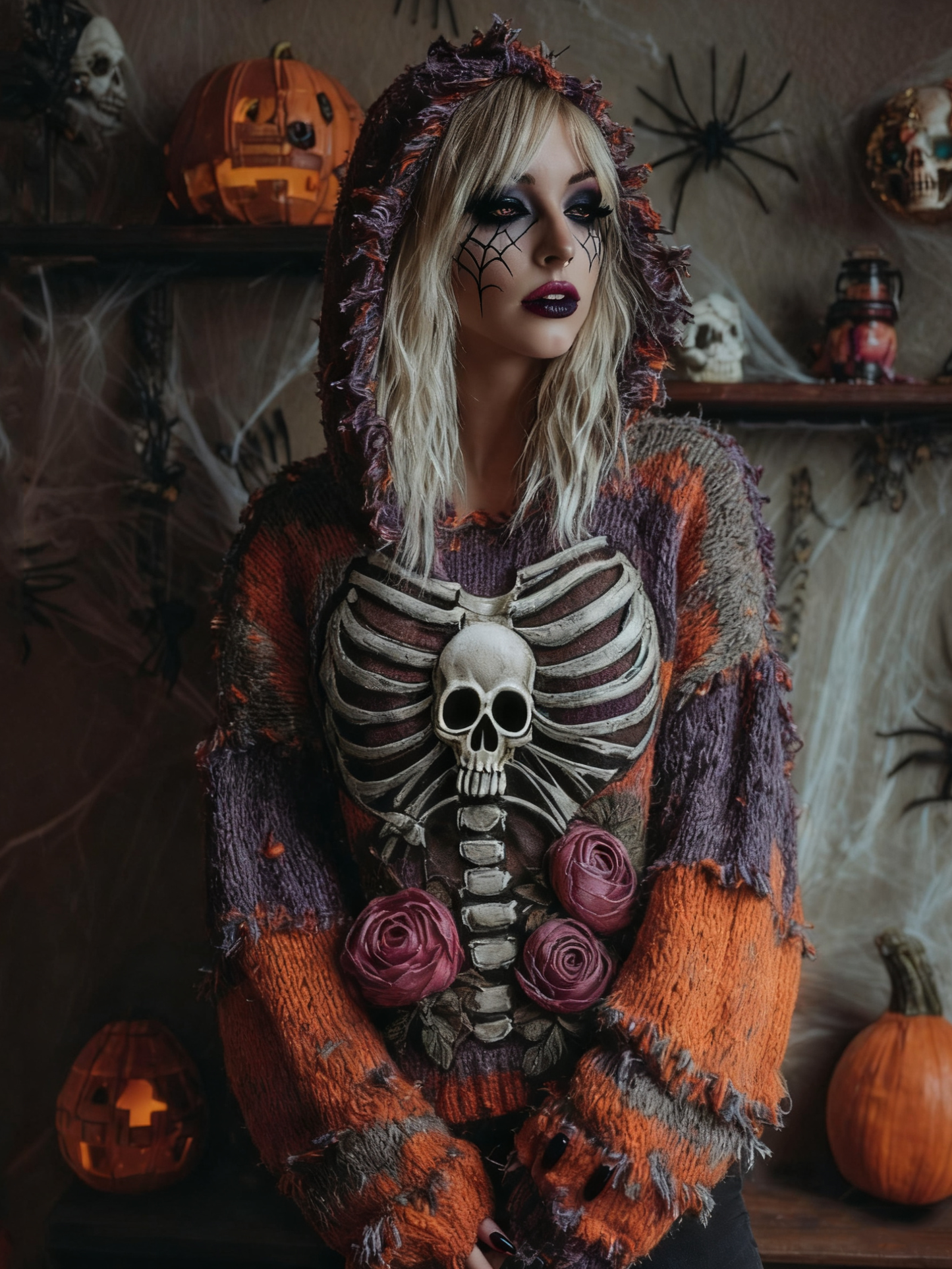 Women's Vintage Patchwork Chunky Knit Skull Hooded Sweater