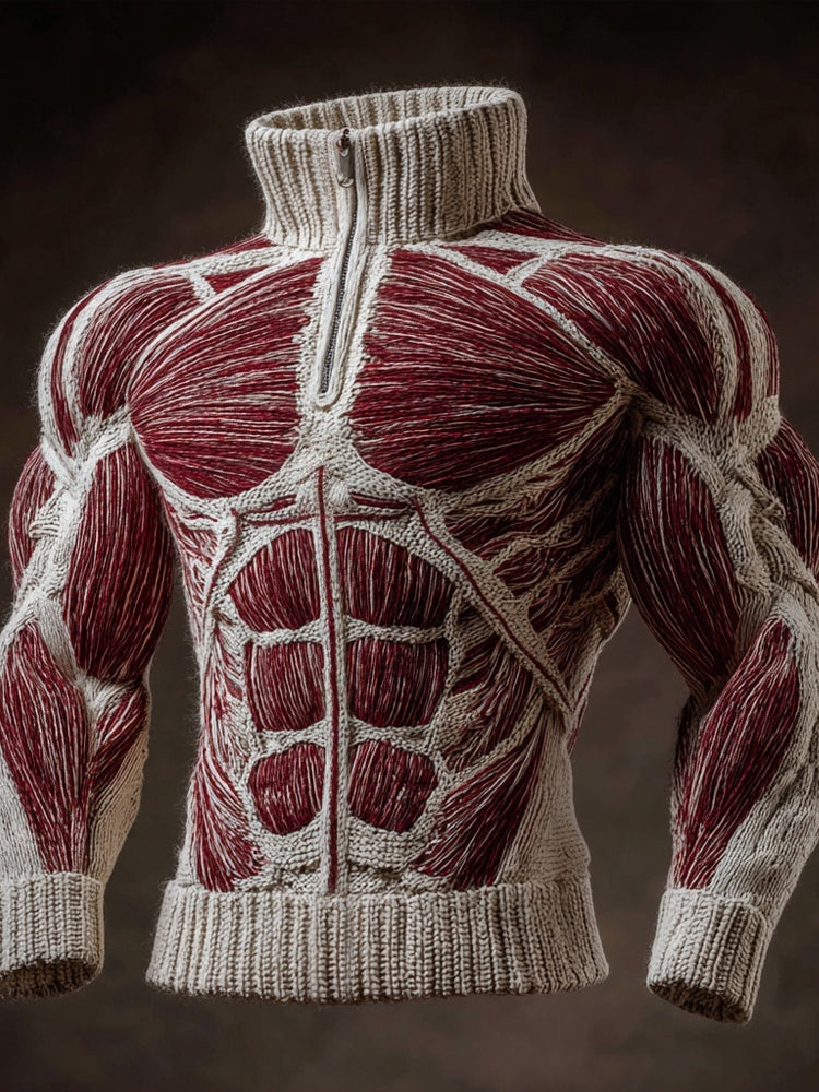 Men's Halloween Muscle Anatomy Art Cozy Knit Polo Sweater