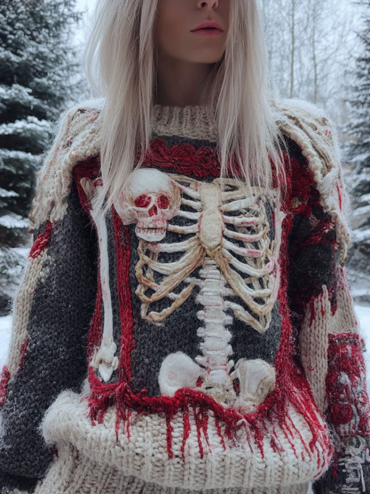 Lady's Halloween Gothic Style Skull Skeleton Pattern Knitted Sweater