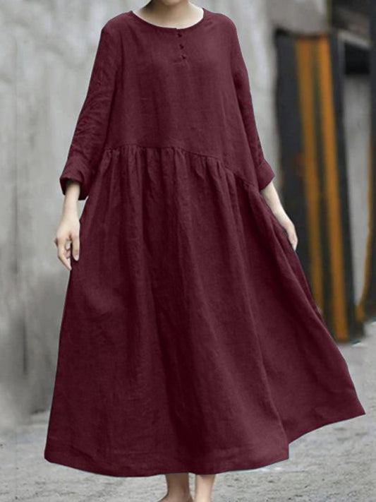 Airrys™ Ladies Cotton Linen Irregular Piece Round Neck Pocket Long Sleeve Dress